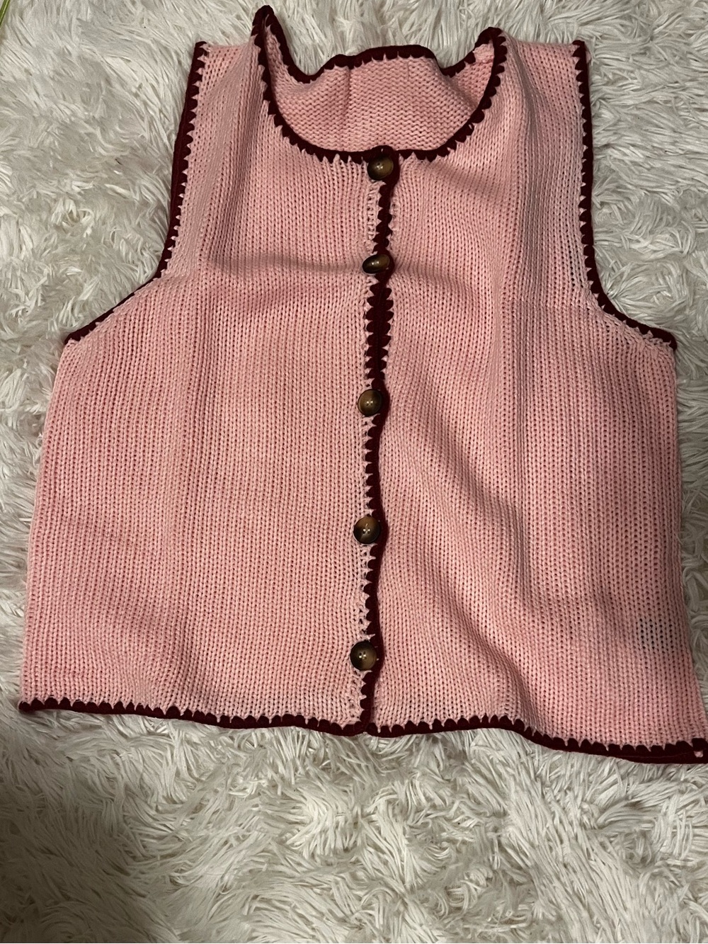 Pink Knit Button-Front Vest with Maroon Trim
